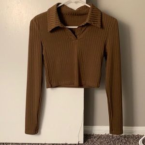 Soft Ribbed Collar Long Sleeve Crop Top from ROMWE Size S Chestnut Brown